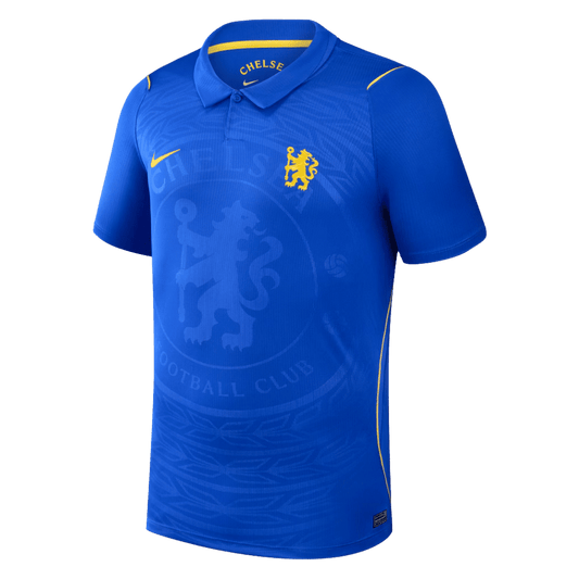 Front view of the men's Chelsea 2026/27 Home jersey in blue with yellow crest details and a subtle tonal pattern
