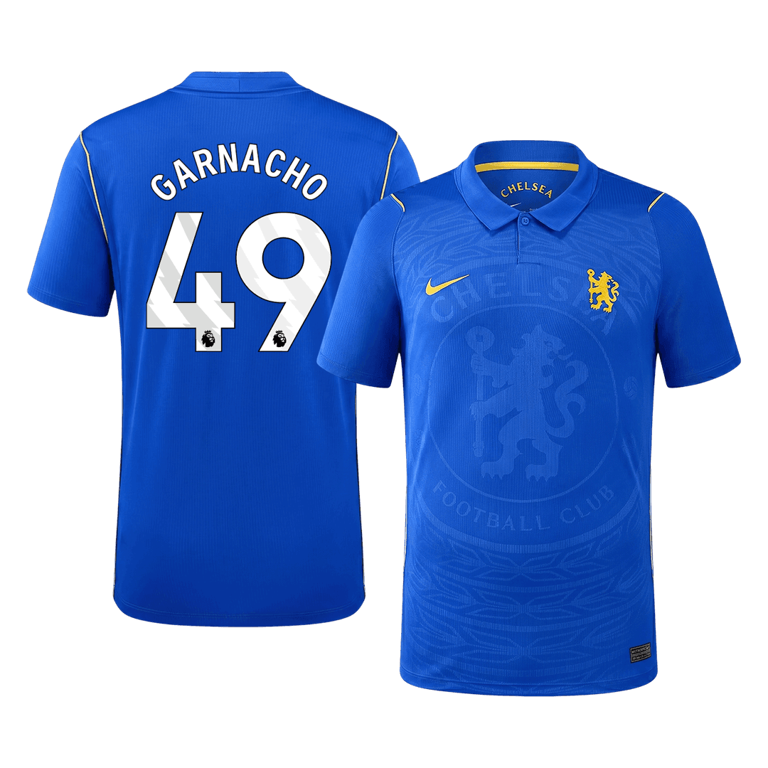 Front and back views of the men's Chelsea 2026/27 Home jersey with Garnacho 49 printing