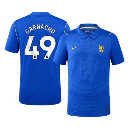 Front and back views of the men's Chelsea 2026/27 Home jersey with Garnacho 49 printing