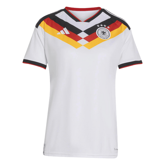 Front view of the women's Germany 2026 Home jersey in white with black and red crest details