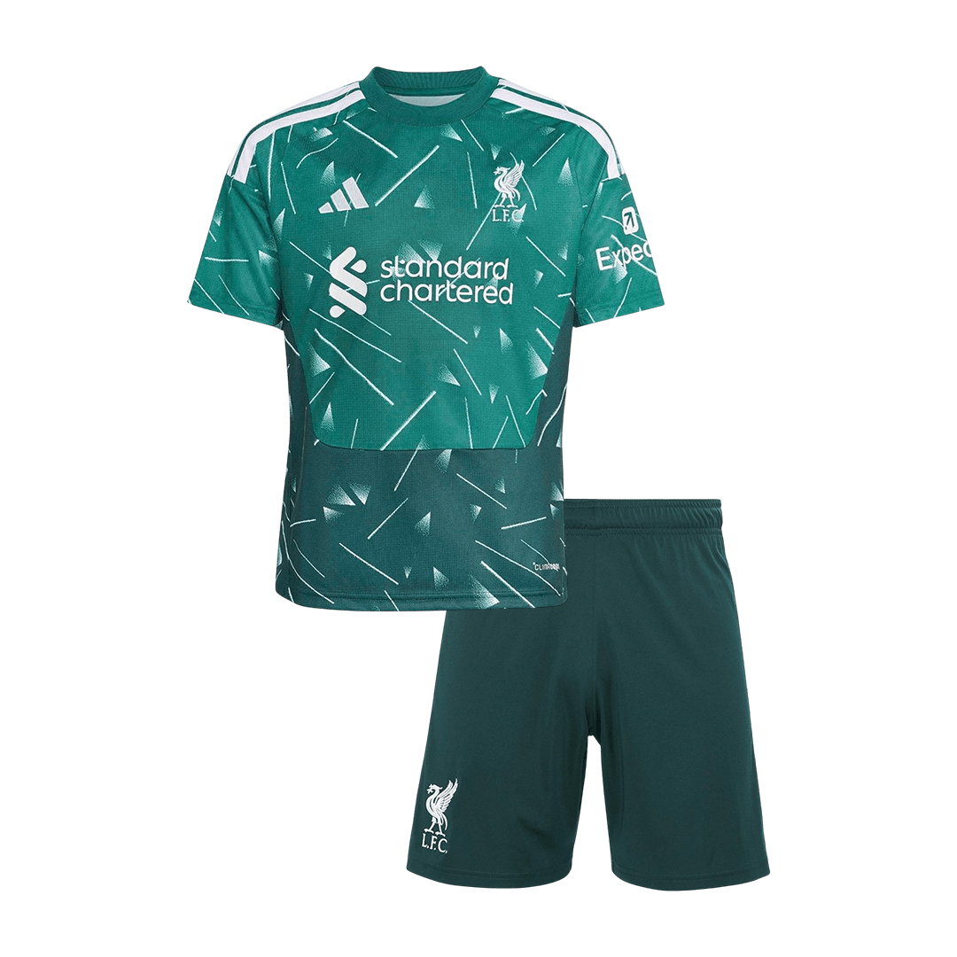 Front view of the kids' Liverpool 2026/27 kit in green with white crest details and an abstract geometric pattern