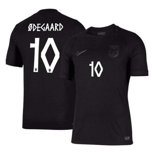 Front and back views of the men's Norway 2026 Away Player Version Slim Fit jersey with Ødegaard 10 printing