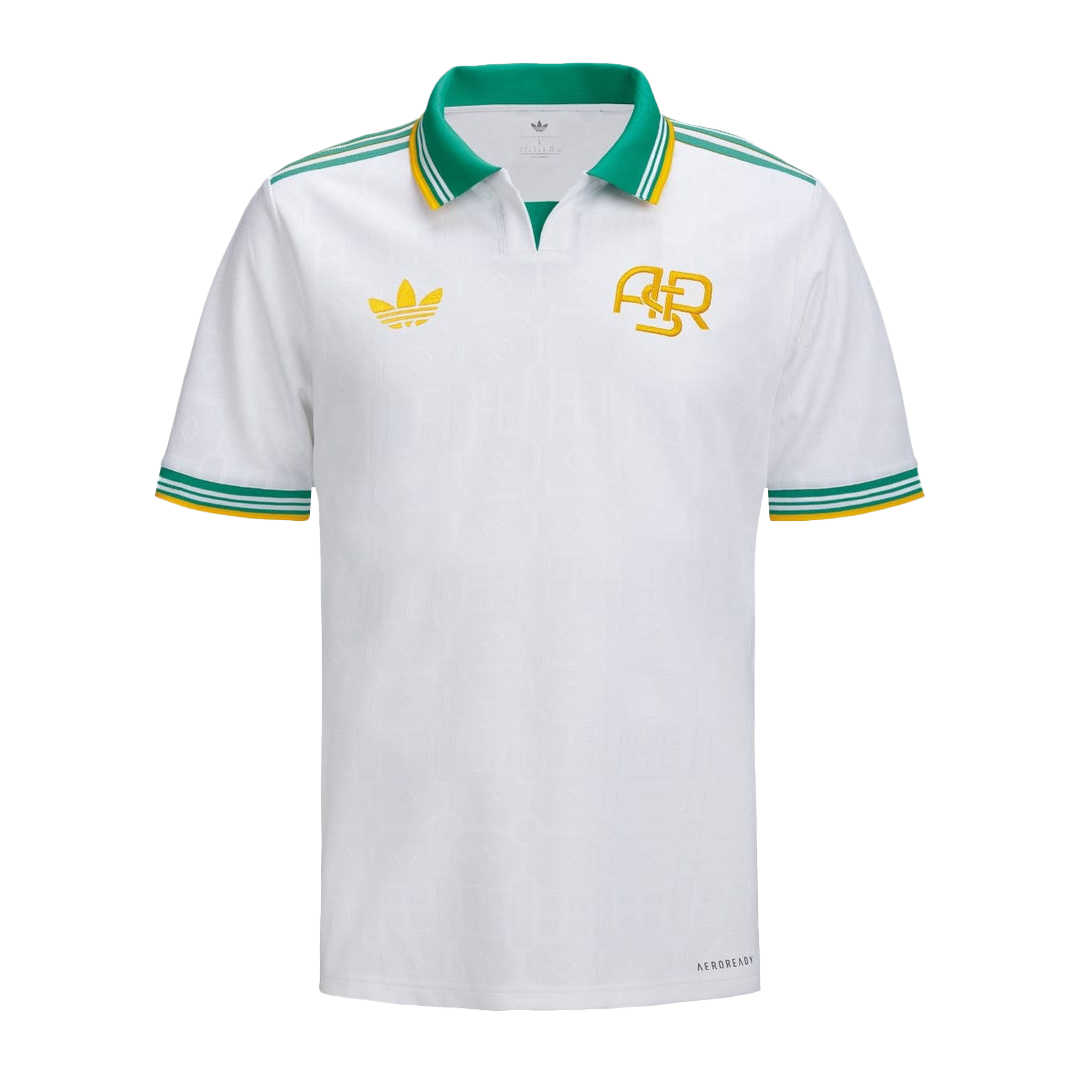 Front view of the men's Roma 2025/26 Third jersey in white with green and yellow details and a subtle tonal pattern