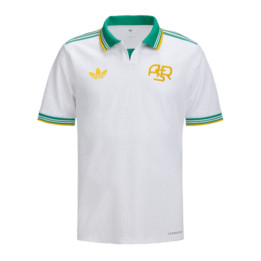Front view of the men's Roma 2025/26 Third jersey in white with green and yellow details and a subtle tonal pattern